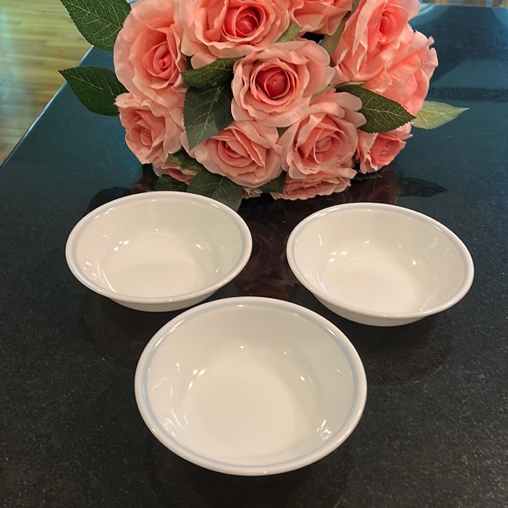 Fruit Bowls - Corelle - White with Light Blue Trim - Set  of 3